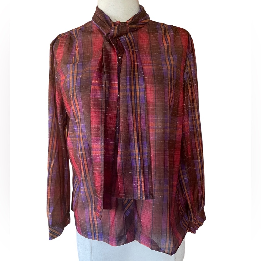 1970s Miss Capri‎ Sparkly Plaid Tie Button Down Semi-Sheer Blouse